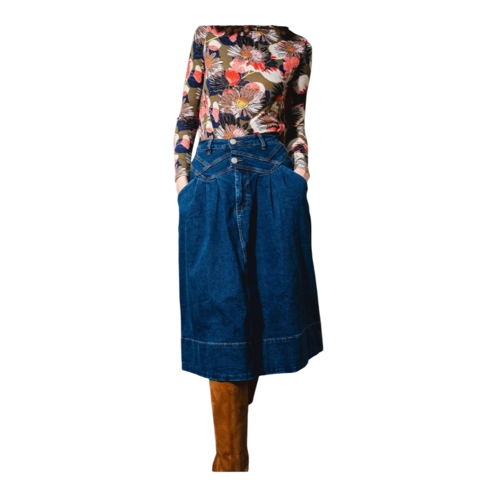 Luum Montana Denim Midi Skirt Indigo Blue Size L  Fit & Flare Waist